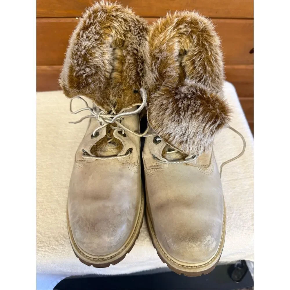 Timberland Waterproof Teddy Fleece Fold Over Fur boots light beige Sz 9.5